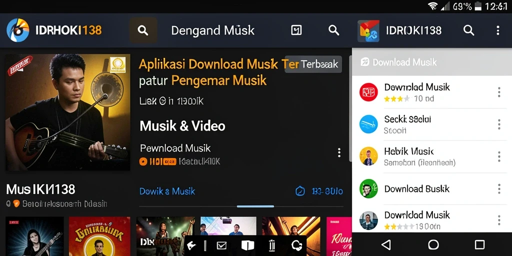 Antarmuka aplikasi IDRHOKI138 untuk pemutaran dan pengunduhan musik.